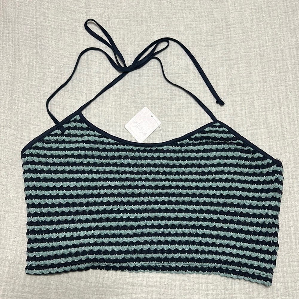 NWT Free People Halter Crop Top Green and Blue Striped Size XL